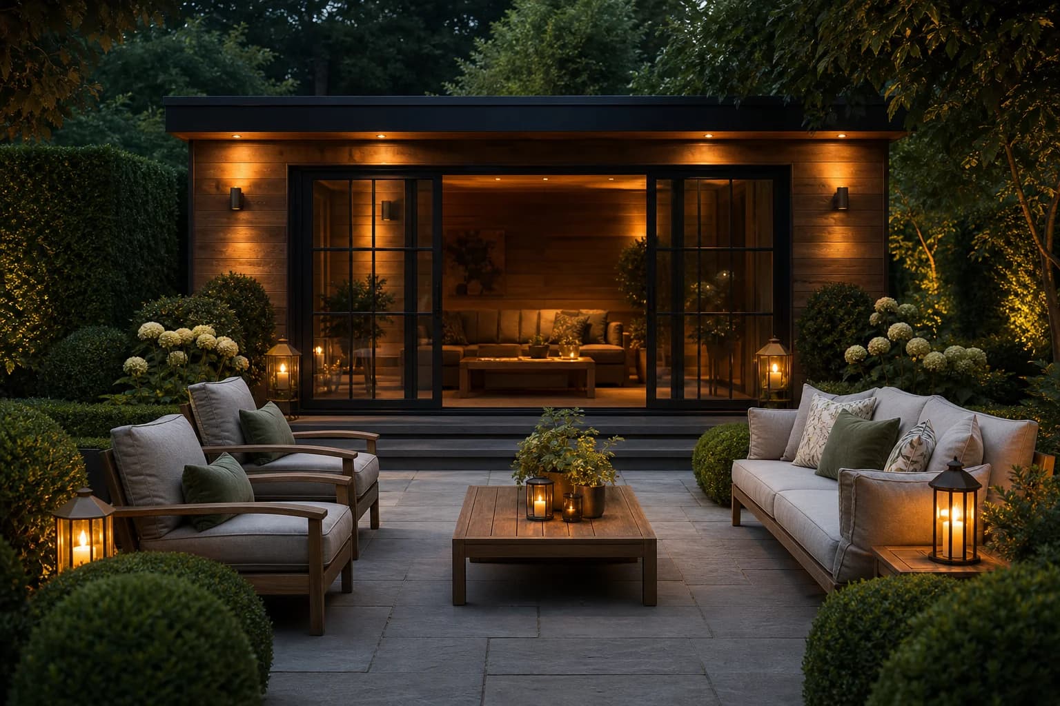 Timber garden room with an outdoor lounge set on a stone terrace at golden hour